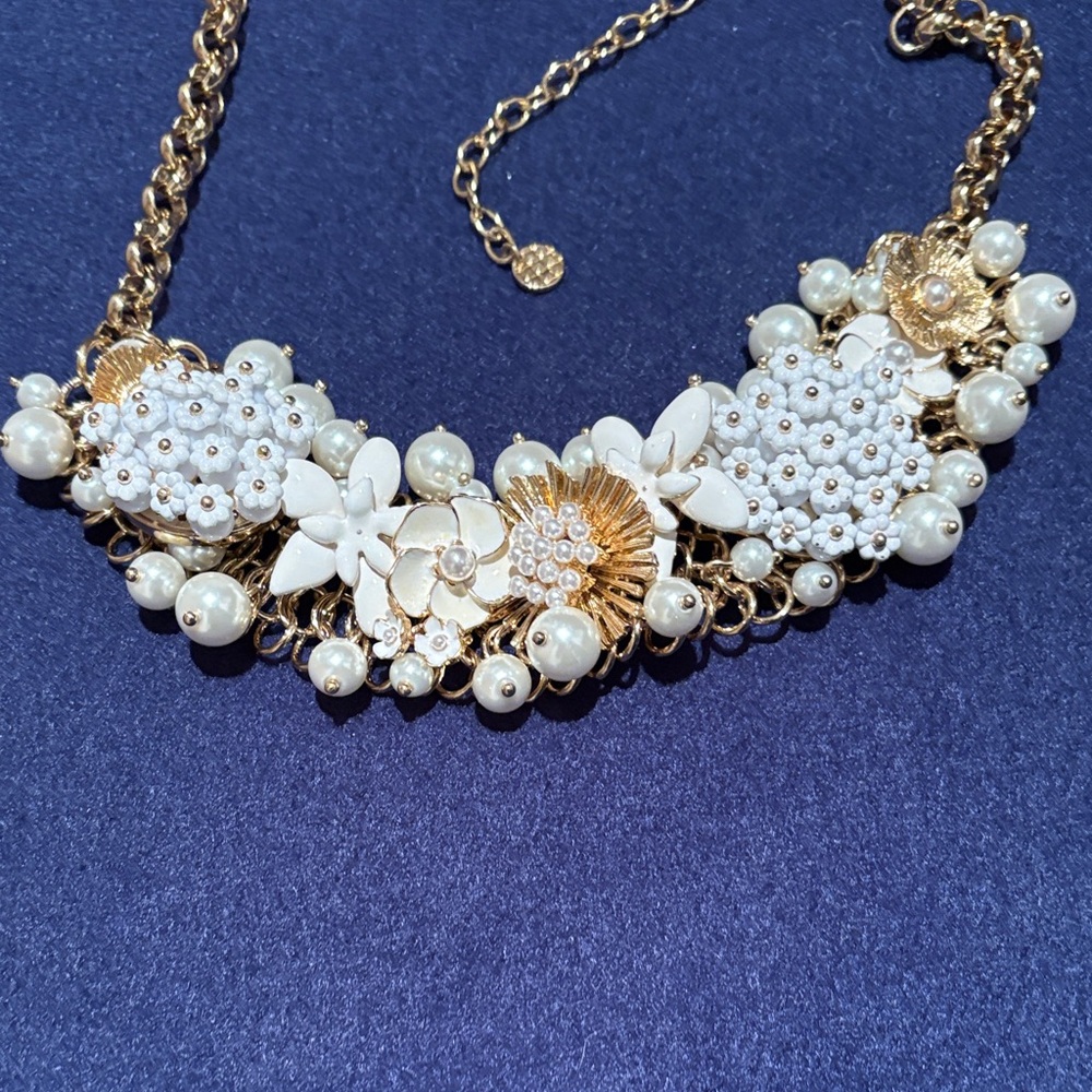 J Crew Gold and White Floral Pearl Statement Necklace